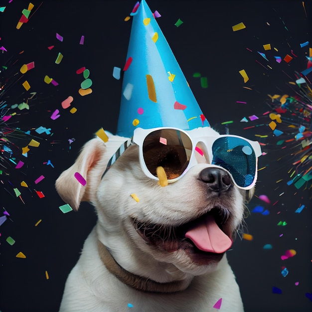 Cute dog in party hat and sunglasses concept of birthday Generative Ai