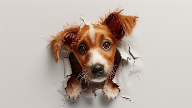 Милая собака заглядывает через дыру в белой бумаге 3D иллюстрация