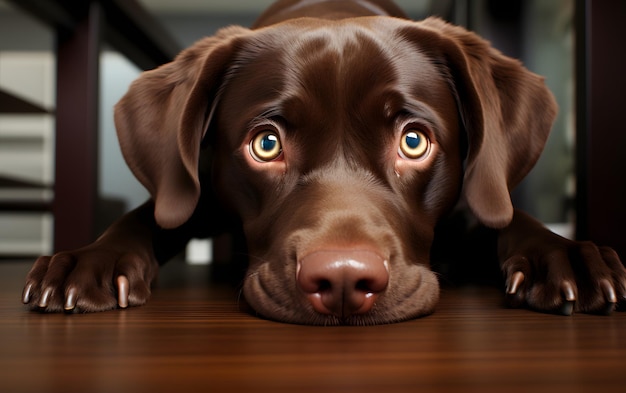 Cute dog peeks out from under the table