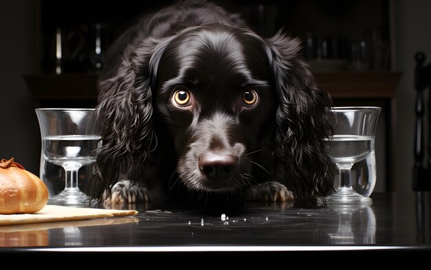 写真 可愛い犬がテーブルの下から見出します