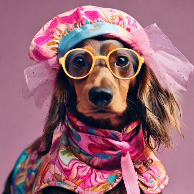 cute dog in pink glasses and a hat a dog in the form of a pink scarf and a bandana with a dog