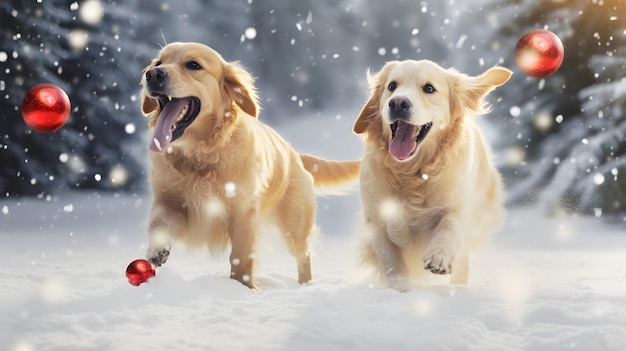Cute dog playing outside in cold winter snow field with Christmas decorations