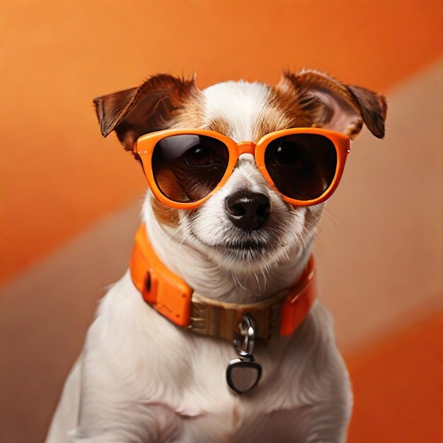 写真 アイが生成したオレンジ色の背景の写真にサングラスをかぶった可愛い犬の肖像画