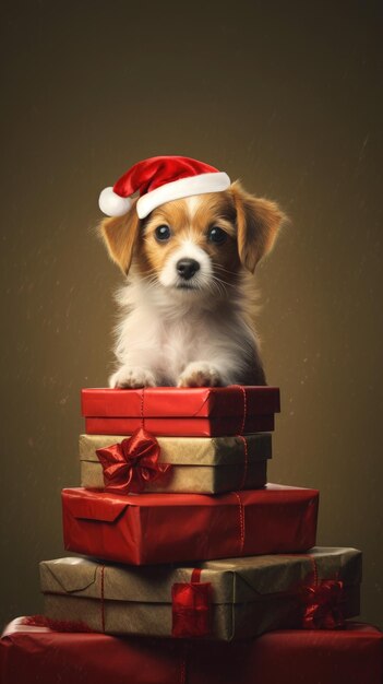 Foto cuccino di cane carino con scatole regalo di natale poster foto concettuale regalo rosso di capodanno