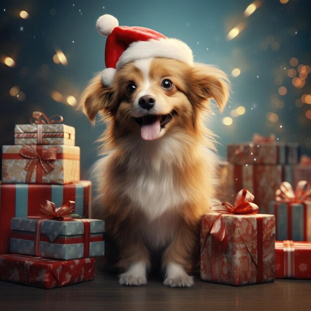 Cute dog puppy with christmas gift boxes concept photo poster merry present red new year