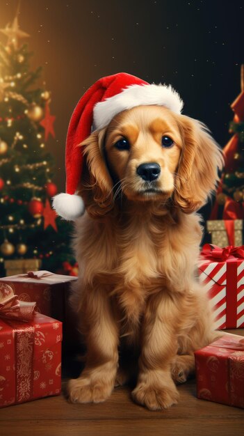 Cute dog puppy with christmas gift boxes concept photo poster merry present red new year