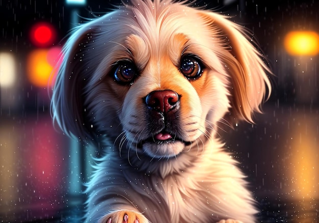 Cute dog in the rain in the city center Generative AI