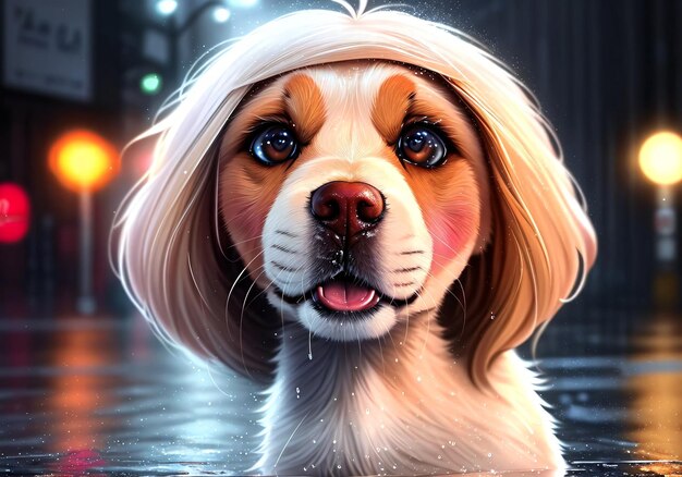 Cute dog in the rain in the city center Generative AI