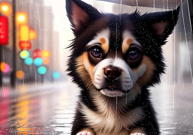 Cute dog in the rain in the city center Generative AI