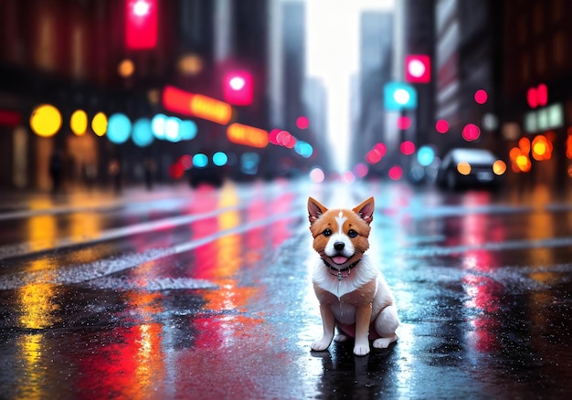 Cute dog in the rain in the city center Generative AI