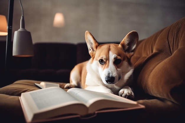 cute dog reading a book on sofa at home AI