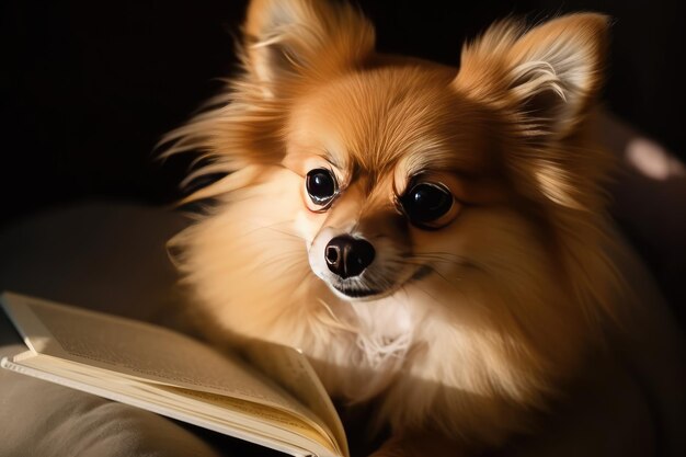 cute dog reading a book on sofa at home generative AI