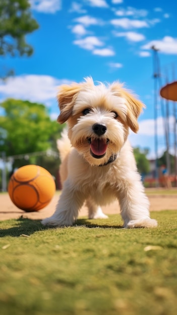 Cute dog running on the grass in the park at sunset