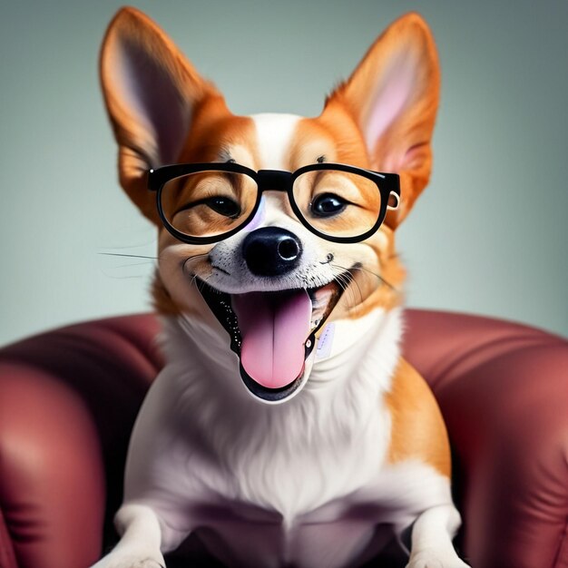 Cute dog running and laughing and wearing glassesand sitting on a chair