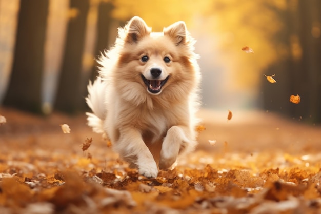 かわいい犬が森の紅葉の中を走る