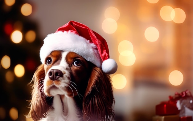 Cute dog in Santa Claus hat against blurred Christmas lights with copy space