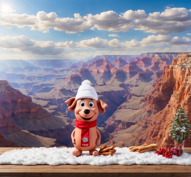 cute dog in Santa Claus hat sitting on wooden table and looking at the grand canyon