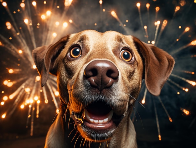 Cute dog scared and terrified of New Year's Eve fireworks Generative AI