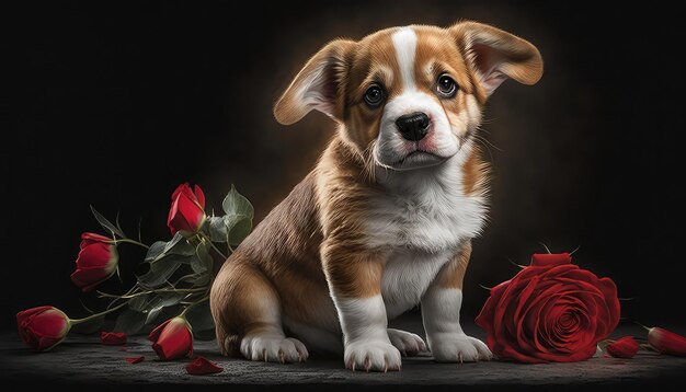 Cute dog sits next to a bouquet of red roses