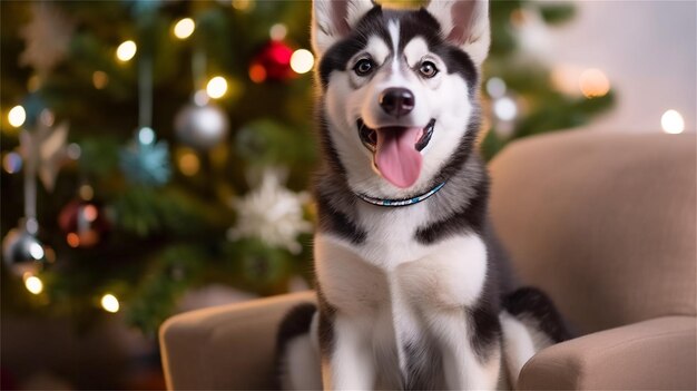 クリスマスツリーの近くの椅子に座っている可愛い犬 ベクトルイラスト