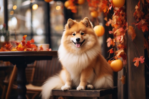 Cute dog sitting at cafe terrace on autumn city background Pet friendly concept