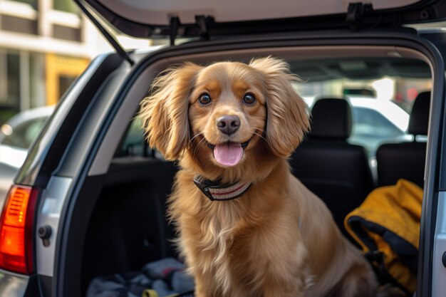 Cute dog sitting in car trunk with luggage for trip Generative Ai