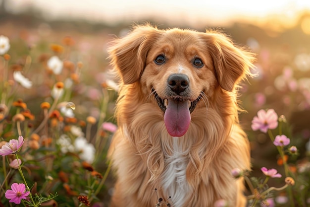 A cute dog sitting in a field of flowers with its tongue hanging out