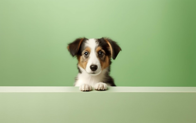 cute dog sitting in front of a blank poster with space for text light green background