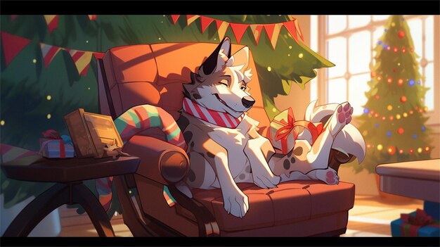 写真 クリスマスツリーの近くの椅子に座っている可愛い犬 ベクトルイラスト