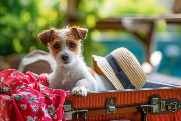 Foto cuccio carino seduto in una valigia aperta con vestiti per le vacanze