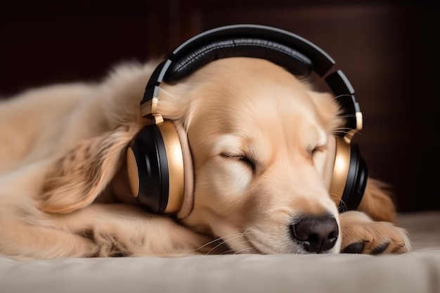 cute dog sleeping with listening to music