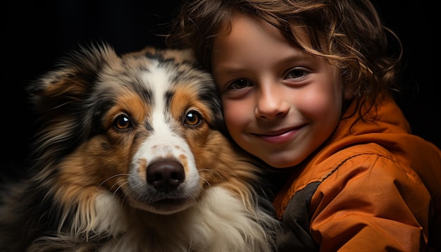 Photo cute dog smiling child embracing purebred puppy brings joy generated by ai