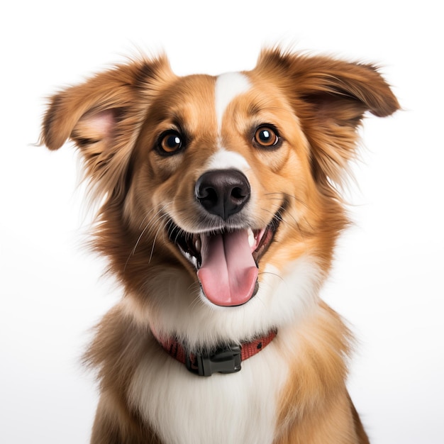 Foto un bel ritratto di un cane sorridente con la faccia su uno sfondo bianco