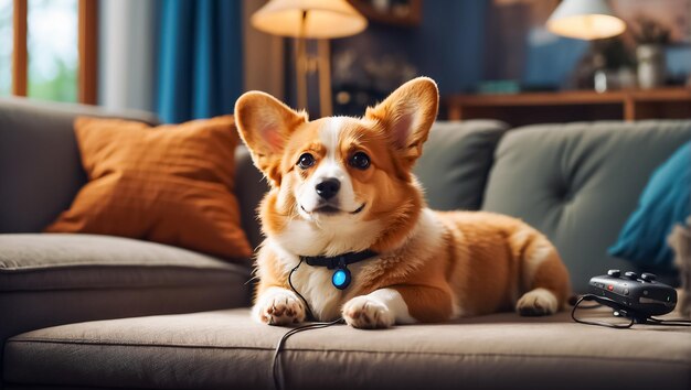 リモコントロール付きのソファの可愛い犬