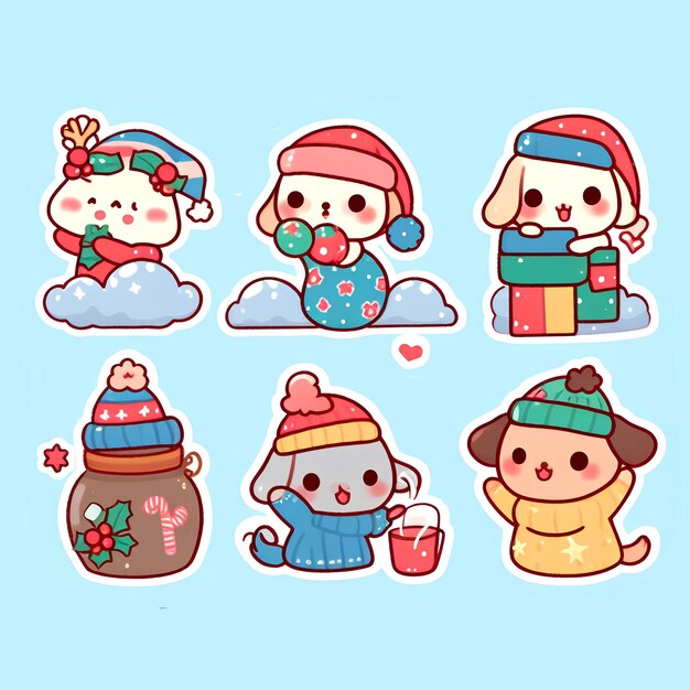 Photo cute dog stickers of christmas characters with snow