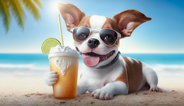 Cute dog in sunglasses with coctail relaxing on sandy beach near sea Summer vacation with pet Generative AI