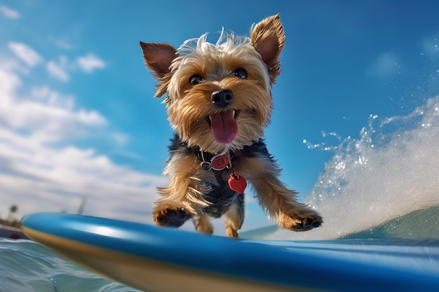 Cute dog surfing at the beach on a sunny day Closeup of cute dog with smile face while sitting on a surfboard