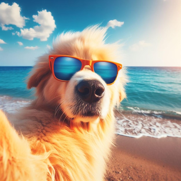 cute dog taking selfies at sunny beach with sunglasses