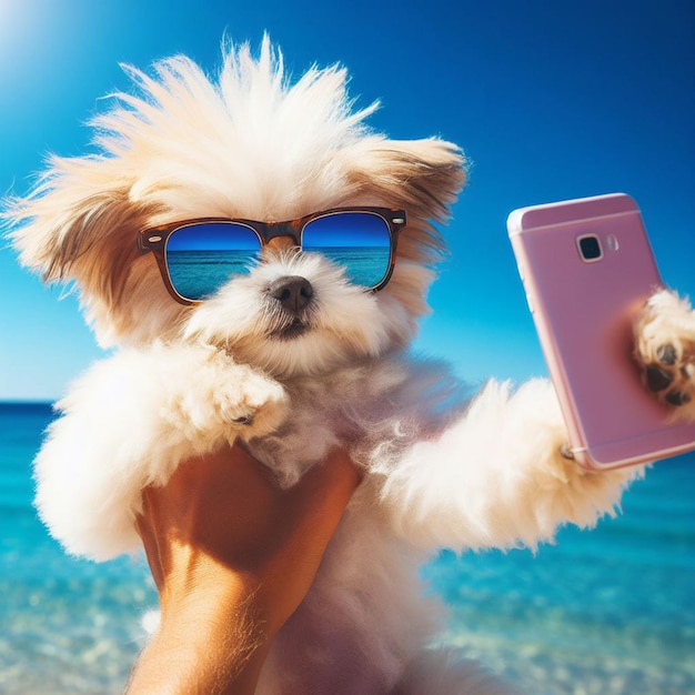 cute dog taking selfies at sunny beach with sunglasses