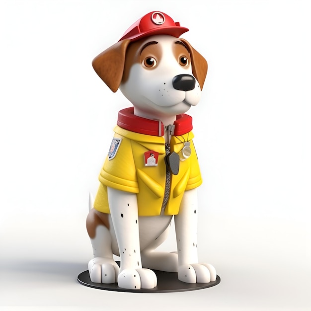 白い背景の消防士の制服を着た可愛い犬