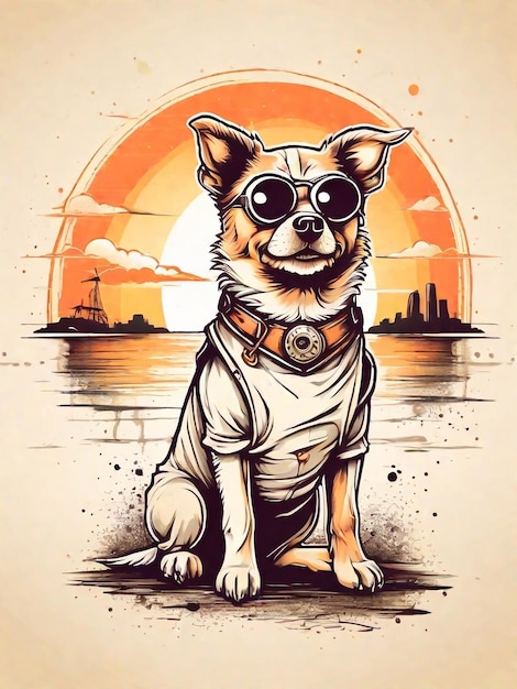 Cute dog vintage retro steampunk cartoon style sunset distressed design vector tshirt design print
