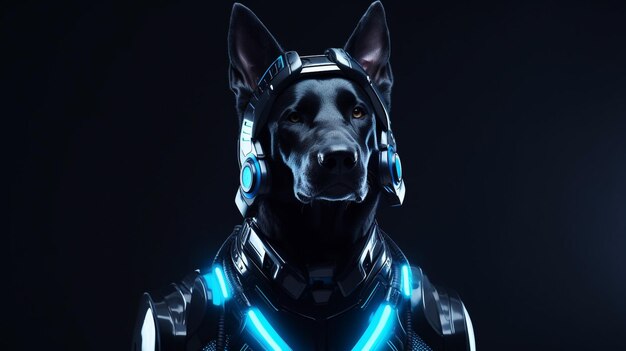 Cute dog wearing black futuristic clothes