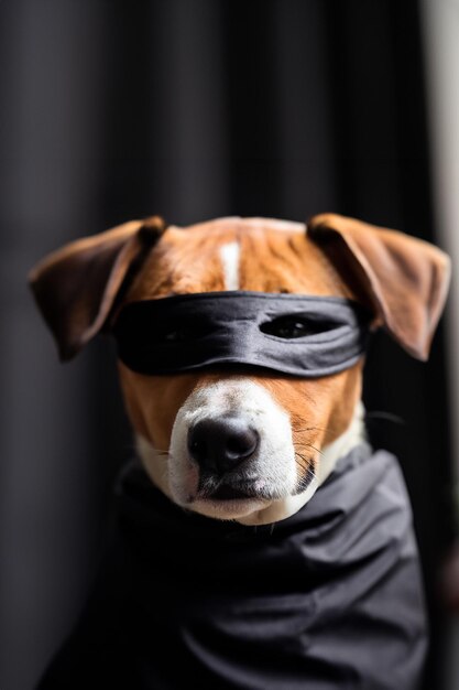 Foto un simpatico cane che indossa una maschera nera e un vestito nero