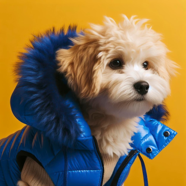 cute dog wearing bright blue puffer down jacket ai generative