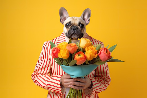 Cute dog wearing colorful clothes holds bouquet of different flowers