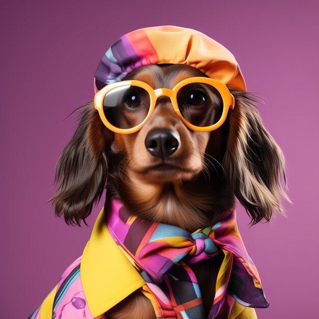 cute dog wearing a fashionable sunglasses with a colorful bow tie funny animal