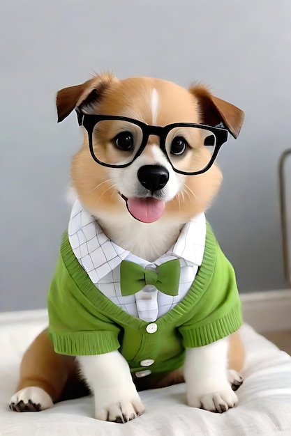 A cute dog wearing glasses and clothes