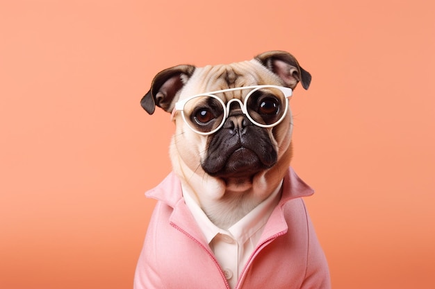 Photo cute dog wearing glasses and trendy clothes on pastel background