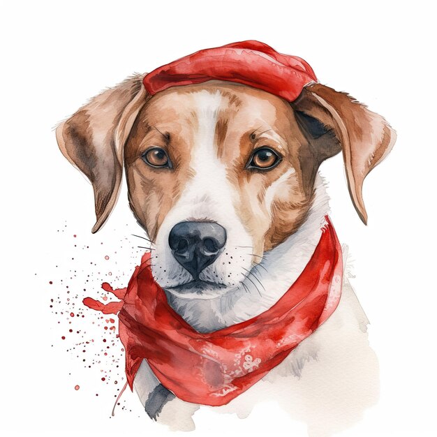 Cute dog wearing red bandana in neck and head Watercolor illustration