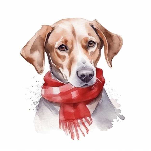 Cute dog wearing red scarf Watercolor illustration